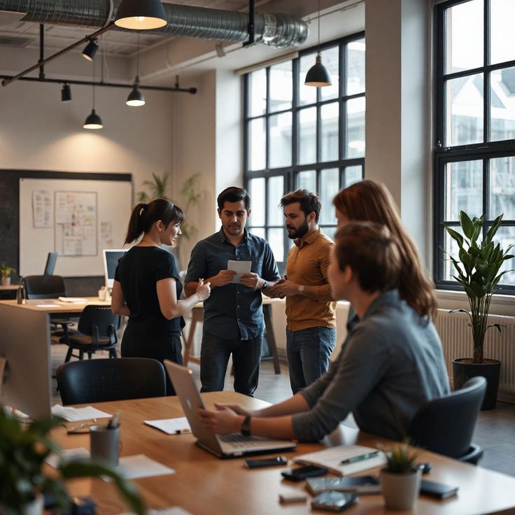 Colleagues collaborating around a shared workspace during a team planning session
